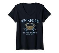 Women's Wickford Rhode Island Crab Town Since 1709 Cyan Letters V-Neck T-Shirt