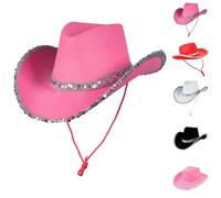 Women's Wide Brim Cowboy Hats Glitter Adjustable Chin Cord Cowgirl Hat Unisex Hunting Bullfighting Westren Panama Hats Hot Pink