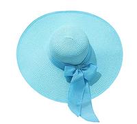 Womens Wide Brim Straw Hat Ladies Floppy Foldable Roll up Cap Beach Sun Hat UPF 50+ Women's Cocktail Tea Party Bridal Church Cloche Funeral Bowler Hats Light Blue