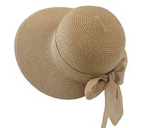 Women's Wide Brim Straw Panama Hat - Classic Sun Hat with Cotton-Ramie Bow for Church, Derby, Jazz, Wedding & Talent Show Light Brown