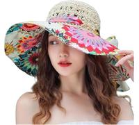 Women's Wide Brim Sun Hat, Floral Print with Beige Crochet Crown, UV Protection, Women Foldable Hat Colourful Summer Straw Hat