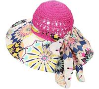 Women's Wide Brim Sun Hat, Floral Print with Hot Pink Crochet Crown, UV Protection, Women Foldable Hat Colourful Summer Straw Hat