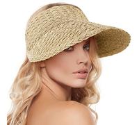 Women's Wide Brim Sun Hats Roll-up Foldable Straw Golf Visor Hat, Beige/Brown, One Size
