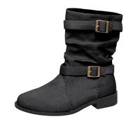 Womens Wide Calf Ankle Boots, Denim Low Heel Cowboy Boots Round Toe Buckle Retro Roman Boot Solid Color Western Walking Boot British Style Biker Footwear Classic Comfortable Short Shoes