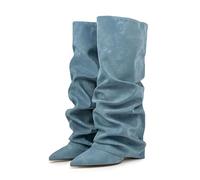 Women's Wide Calf Knee High Boots Fashion Block Heel Boots with Zipper Warm and Comfortable Long Shoes Casual, Elegant Style Suitable for Parties and Formal Occasions (Light Blue, 6)