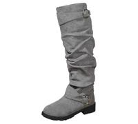 Women's Wide Calf Knee High Boots Side Zipper Suede Slouch Riding Boots Pull On Over-the-Knee Leather Shoes Casual, Elegant Style Suitable for Autumn and Winter Wear (Grey, 7.5)