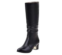 Womens Wide Calf Knee High Boots, Square Toe Chunky Heel Knee High Boots For Women - Wide Calf Leather Block Heel, Stylish Knight Booties For Ladies Winter Booties