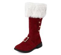Women's Wide Calf Santa Boots with White Plush Cuff, Bells & Buckle Strap for Christmas & Halloween Costume Dress Up, Solid-Colour Combat Christmas Boot Fancy Dress Costume Footwear