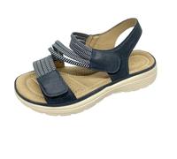 Womens Wide E Fit Adjustable Touch Fasten Sandals Low Wedge Flat Slip On Open Toe Ladies Summer Casual Fashion Sandals (Navy, UK Footwear Size System, Adult, Women, Numeric, Wide, 4)