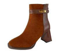 Womens Wide Fit Ankle Boots Ladies Winter Boots Block Heel Square Toe Short Booties with Zipper Stylish Pull on Dress Booties Slip on British Style Boot Fall Winter Shoes Footwear Brown