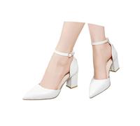 Women's Wide Fit Block Heel Wedding Sandals Pointed-toe Leather Bridal Shoes with Adjustable Buckle Strap Summer Comfortable Wedding Party Dressy Footwear for Ceremony Evening Reception