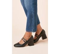Womens Wide fit Dawn Faux Leather Double Mary Jane Mid Block Heel Court Shoes Black 7