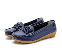 Womens Wide Fit Leather Loafers Classic Moccasins Wedge Heels Nursing Shoes Breathable Comfy Casual Slip-on Loafers All Seasons Lightweight Driving Walking Loafers Work Office Dress Shoes Dark Blue
