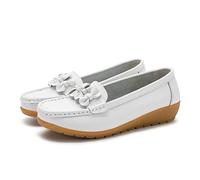 Womens Wide Fit Leather Loafers Classic Moccasins Wedge Heels Nursing Shoes Breathable Comfy Casual Slip-on Loafers All Seasons Lightweight Driving Walking Loafers Work Office Dress Shoes White