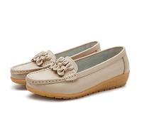 Womens Wide Fit Leather Loafers Classic Moccasins Wedge Heels Nursing Shoes Breathable Comfy Casual Slip-on Loafers All Seasons Lightweight Driving Walking Loafers Work Office Dress Shoes Beige