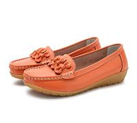 Womens Wide Fit Leather Loafers Classic Moccasins Wedge Heels Nursing Shoes Breathable Comfy Casual Slip-on Loafers All Seasons Lightweight Driving Walking Loafers Work Office Dress Shoes Orange