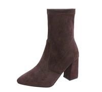 Women's Wide Fit Mid Calf Boots Ladies Suede Wide Calf Short Booties Square Heel Pointed Toe Slip on Shoes Elastic Skinny Boot Comfortable Winter Boot Non Slip Waterproof Booties Size 3-8 Coffee