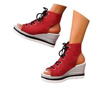 Womens Wide Fit Mules Platform Sandals Wedge Women's Summer New Europe And The Us Style Round Head Open Toe Front Lace Women's Large Size Slope With Black Ankle Strap Sandals Woman (Red 43)