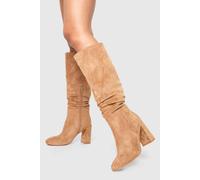 Womens Wide Fit Ruched Heeled Knee High Boots - Beige - 5, Beige