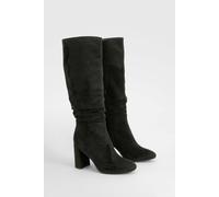 Womens Wide Fit Ruched Heeled Knee High Boots - Black - 8, Black