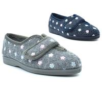 Womens Wide Fit Slippers Ladies Matilda Wide Slippers V Throat Touch Fasten EE Slipper Double E Width V Cut Touch Fastening Rubber Sole Floral Sizes 3-9 Grey/Navy Blue (EE Fitting) 5 UK