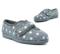 Womens Wide Fit Slippers Ladies Wide Fit Slippers EE Slipper Touch Fasten Slipper Double E Width Matilda V Cut Touch Fastening Rubber Sole Floral Sizes 3-9 Grey (EE Fitting) 6 UK