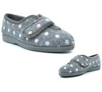Womens Wide Fit Slippers Ladies Wide Slippers EE Slipper Matilda Touch Fasten Slipper Double E Width V Cut Touch Fastening Rubber Sole Floral Sizes 3-9 Grey (EE Fitting) 3 UK