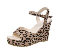 Womens Wide Fit Wedge Sandals Comfortable Slip on Walking Shoes Women's Sandles Leopard Print White Strap Fashion High Heel Ladies Sandal Size 5