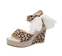 Womens Wide Fit Wedge Sandals Comfortable Slip on Walking Shoes Women's Sandles Leopard Print White Strap Fashion High Heel Ladies Sandal Size 3.5