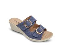 Womens Wide Fit Wedge Sandals EEE Fitting Twin Buckle Open Toe Strap Slip On Mule Beach Holiday Ladies Summer Massage Footbed (Navy, UK Footwear Size System, Adult, Women, Numeric, Wide, 7)