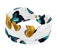 Women's Wide Hairbands, Soft Turban Headband, Blue Brown Butterflies Non Slip Head Wraps, Elastic Sweat Yoga Workout Headband Cross Knotted Hairwrap Bandana