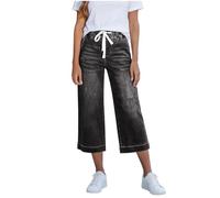 Women's Wide Leg Denim Shorts Pull On 3/4 Length Jeans for Women UK Casual Stretchy Three Quarter Jeans Casual Ladies Elastic Waist Cropped Trousers Dark Gray