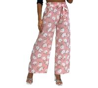Women's Wide Leg Ditsy Daisy Floral Print Loose Fit Ruffle Tie Waist Trousers - Black Pink Yellow Blue and White - Small-X/Large (as8, Alpha, l, x_l, Regular, Regular, Pink)