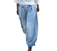 Womens Wide Leg Harem Pants Cropped Denim Bloomer Trousers Elastic Waist Buttons Loose Fit Printed Boho Hippie Casual Summer Beach Yoga Pants Linen Jean Pants with Pockets