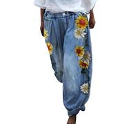 Womens Wide Leg Harem Pants Cropped Denim Bloomer Trousers Elastic Waist Buttons Loose Fit Printed Boho Hippie Casual Summer Beach Yoga Pants Linen Jean Pants with Pockets