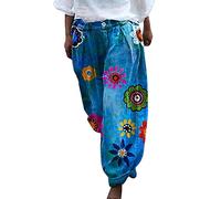 Womens Wide Leg Harem Pants Cropped Denim Bloomer Trousers Elastic Waist Buttons Loose Fit Printed Boho Hippie Casual Summer Beach Yoga Pants Linen Jean Pants with Pockets