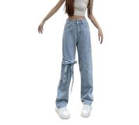 Women's Wide Leg Jeans Bow Tie Baggy Straight Leg Jeans Blue Summer Korean Style High Waist Y2k Trousers Streetwear (Blue,XL)