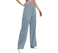 Womens Wide Leg Jeans High Waist Stretchy Zip Fly Belt Loop Baggy Denim Pants Fashion Casual Streetwear Lightweight Cozy Loose Straight Jeans with Pockets