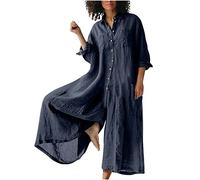 Women's Wide Leg Jumpsuits Cotton Linen Baggy Romper Long Sleeve Playsuits Turn-down Collar Button All in One Jumpsuit Summer Casual Plus Size Ladies Outfit Elegant Overalls Long Pants with Pockets