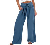 Womens Wide Leg Linen Trousers Lightweight High Waisted Tie Knot Loose Flowy Palazzo Pants with Pockets Causal Dressy Office Business Workwear Summer Beach Lounge Slacks with Drawstring