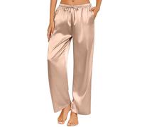 Womens Wide Leg Pajama Pants Satin Silk Casual Loose Elastic Waist Lounge Pants with Ties Silk Pyjamas Bottoms for Women Lounge Trousers Satin Wide Leg Sleepwear Khaki