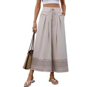 Women's Wide Leg Palazzo Pants with Crochet Lace Trim - High Waist Drawstring Linen Blend Lounge Pants with Pockets, Apricot, XL