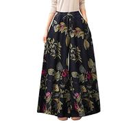 Womens Wide Leg Pants Hippie Casual Boho Floral Printed Summer Beach Yoga Long Pants Elasticated Drawstring Waist Loose Flowy Culottes Ladies Full Length Work Walking Trousers