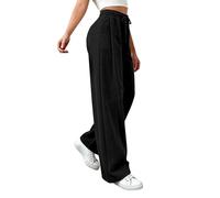 Womens Wide Leg Sweatpants - Elastic High Waisted Ribbed Drawstring Loose Fit Pants Straight Leg Trousers Y2K Casual Solid Color Joggers with Pockets Baggy Comfort breathable for Fitness Running