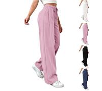Womens Wide Leg Sweatpants - Elastic High Waisted Ribbed Drawstring Loose Fit Pants Straight Leg Trousers Y2K Casual Solid Color Joggers with Pockets Baggy Comfort Breathable for Fitness Running Pink