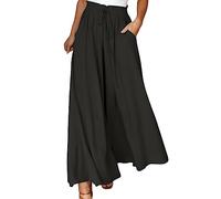Womens Wide Leg Trousers Summer Culottes Elastic High Waist Flowy Palazzo Trousers Loose Flared Pants Casual Baggy Trousers with Drawstring Pockets Lightweight Work Bottoms for Ladies