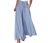 Womens Wide Leg Trousers Summer Culottes Elastic High Waist Flowy Palazzo Trousers Loose Flared Pants Casual Baggy Trousers with Drawstring Pockets Lightweight Work Bottoms for Ladies