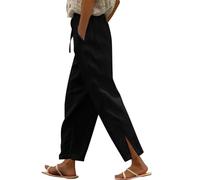 Womens Wide Leg Trousers with Elasticated Waist Summer Cropped Trousers Cotton for Ladies Lightweight with Drawstring Pockets Casual Palazzo Pants Loose Lounge Nightwear for Holiday Beach Work Black