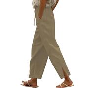 Womens Wide Leg Trousers with Elasticated Waist Summer Cropped Trousers Cotton for Ladies Lightweight with Drawstring Pockets Casual Palazzo Pants Loose Lounge Nightwear for Holiday Beach Work Khaki