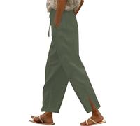 Womens Wide Leg Trousers with Elasticated Waist Summer Cropped Trousers Cotton for Ladies Lightweight with Drawstring Pockets Casual Palazzo Pants Loose Lounge Nightwear for Holiday Beach Work Green